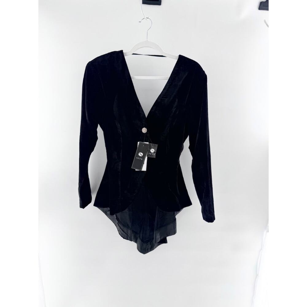 NWT Seta Antoniette Velvet Long Sleeve V-Neck Blouse Black Women's Size Small
